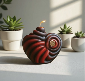 Bougie parfumée en forme de cœur spirale rouge et noir allumée sur une table sobre