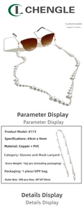 Detail view of 69cm pearl glasses chain with metallic links and anti-slip rubber loops