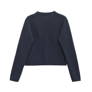 Rear view of navy blue slim-fit knitted cardigan with round neck on white background
