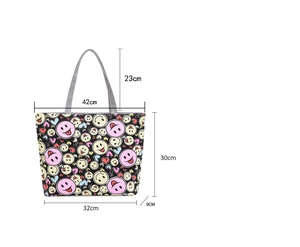 Canvas tote bag with smiley patterns and dimensions 42cm width by 30cm height
