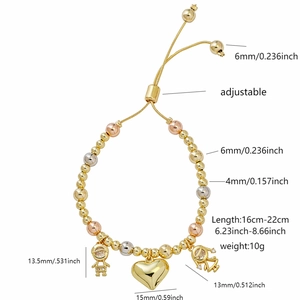 Adjustable tri-color bead bracelet with heart, boy, and girl charms in a 16-22cm length