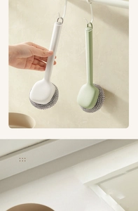 Long handle dish brush with detachable stainless steel scrubber in white and green