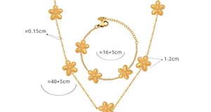 Detailed view of daisy jewelry set with S925 stamp and product dimension measurements