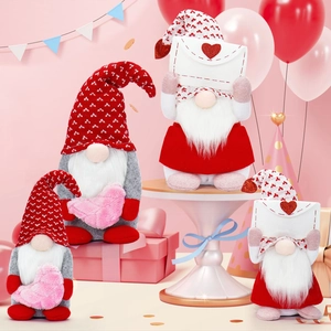 Valentine's Day faceless gnomes set with hearts and envelopes on pink background