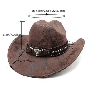 Vintage brown western cowboy hat with metal bull head buckle and leather band detail