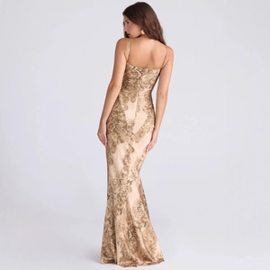 Elegant gold jacquard spaghetti strap bodycon dress with fishtail hem and slim fit