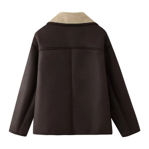 Vintage dark brown faux suede shearling jacket with beige wool collar back view