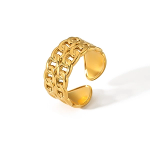 Detailed view of adjustable double-layer hollow Cuban chain ring in polished gold finish