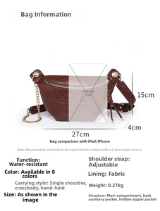 Detailansicht der braunen Weichledertasche mit 27x15x4cm Maßen und goldener Metallkette