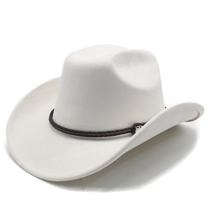 Detail of white faux suede cowboy hat with brown braided leather band and curved brim