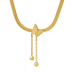 Elegant gold titanium butterfly tassel necklace with frosted wings and sleek snake chain