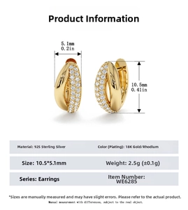 Macro detail of S925 sterling silver hoop earrings with cubic zirconia and dimensions