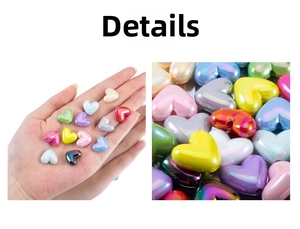 Macro view of heart-shaped acrylic beads with rainbow metallic finish for DIY crafts