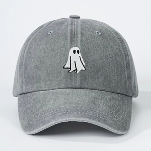 Vintage dark gray washed denim baseball cap with a minimalist white ghost embroidery