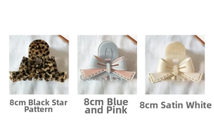 Detailed comparison of three 8cm shark hair clips featuring bow designs and patterns