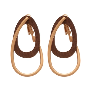 Boucles d'oreilles ovales en bois avec anneaux métal or rose au style ethnique vintage