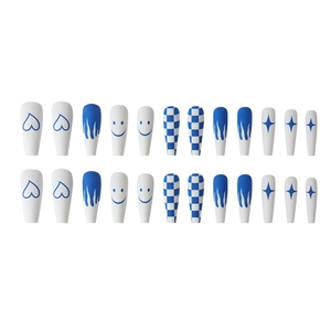 Long trapezoid press-on nails featuring Klein blue checkerboard and flame patterns