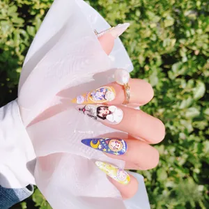 Detailed 5D embossed press-on nails with 3D cartoon characters and pearl ornaments