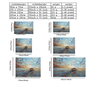 Size chart showing six dimensions for mandala boat tapestry from 95cm up to 300cm width