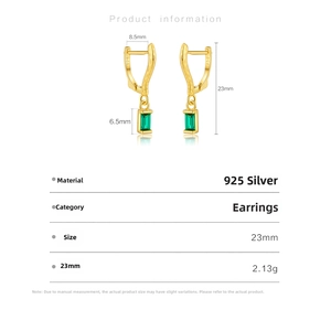 Detailed size specifications for gold S925 silver earrings with green zircon pendants