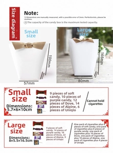 Size chart for white wedding gift boxes with golden bows in small and large sizes