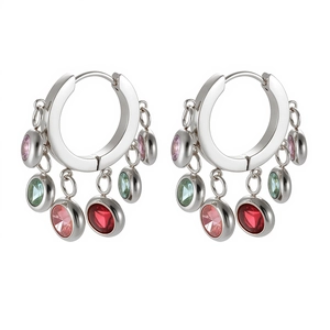 Detailed close-up of silver hoop earrings with vibrant multi-color round crystal charms