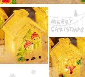 Detail of LED glowing Christmas house ornament with snowman pattern and warm light