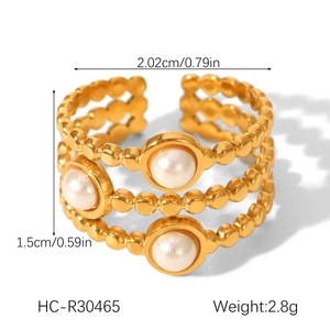 Detailed size view of triple layer stainless steel ring with white pearls and 2.02cm diameter