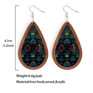 Aztec western acrylic wood drop earrings with colorful geometric tribal patterns