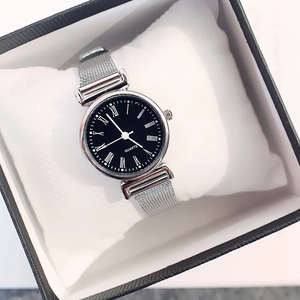 Elegant women's quartz watch with black Roman dial and silver mesh band in gift box