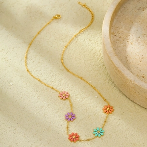 18K gold plated stainless steel necklace with five colorful daisy enamel pendants