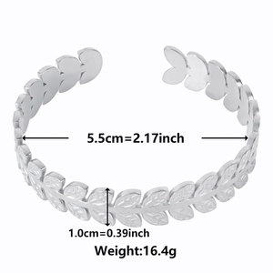 Adjustable C-shaped silver stainless steel olive leaf bangle for women with dimensions