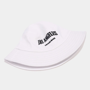 Detailed view of white canvas bucket hat with vintage Los Angeles embroidery and stitching