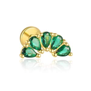 Macro shot of S925 silver gold-plated stud earring with five green pear-shaped zircons