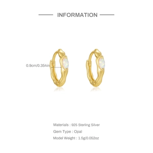 Detailed view of S925 silver gold-plated hoop earrings with white opal and sizing specs
