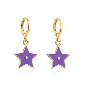 Detailed shot of 18K gold plated hoop earrings with purple enamel star charms