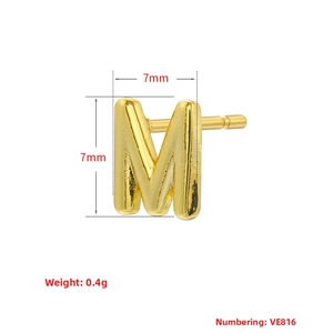 Detailed close-up of 18K gold plated letter M stud earring with 7mm size dimensions