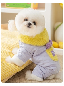 Close-up of quilted lavender dog jumpsuit with yellow fleece collar and lucky label
