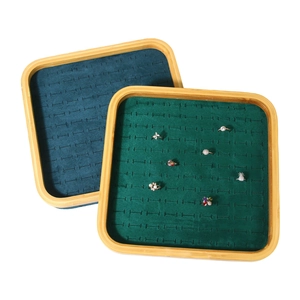 Bamboo jewelry tray with green velvet lining for rings and studs display and storage