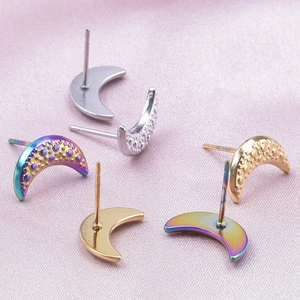 Detailed view of 304 stainless steel crescent moon stud earrings in gold and silver