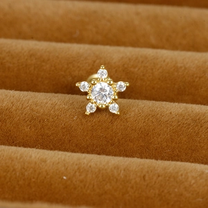 Vue macro d'un clou d'oreille étoile dorée serti de zircons sur velours marron élégant