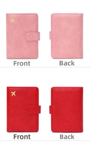 Dual view of pink and red RFID leather passport holders with gold airplane icons