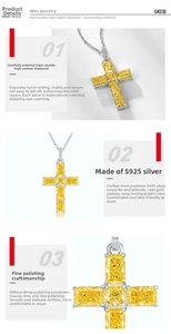 Macro view of S925 silver cross pendant with yellow carbon diamond and high-polish finish