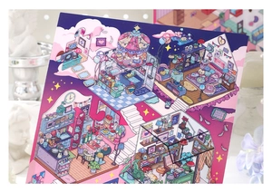 Close-up of artistic DIY journal stickers showing detailed miniature home scenes in soft colors