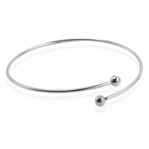 Detailed top view of minimalist silver stainless steel open bangle with polished beads