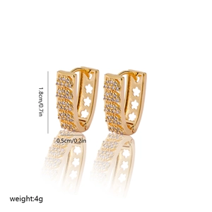 Detail view of gold V-shaped zircon earrings with flower cutout pattern and dimensions