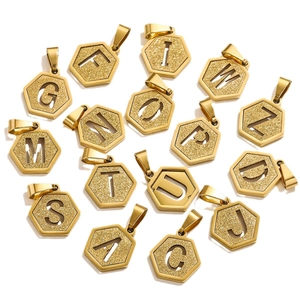 Hexagonal 18K gold stainless steel alphabet pendants with frosted finish for DIY jewelry