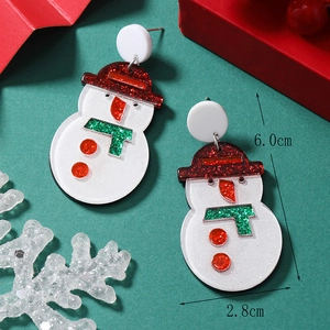 Detail view of festive snowman earrings with size measurements of 6.0cm by 2.8cm