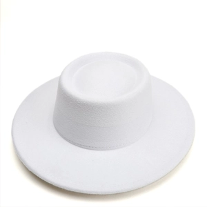 Top view of white flat brim wool felt fedora showing fine stitching and minimalist texture