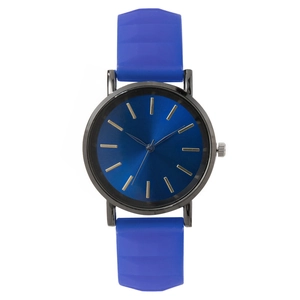 Blue silicone strap watch with royal blue sunray dial and golden hour markers